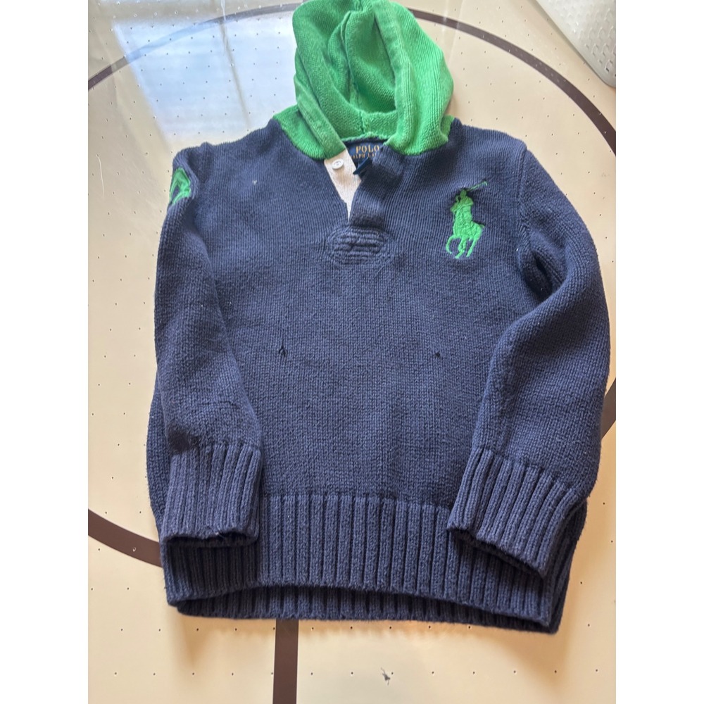 949 Polo Ralph Lauren Kids Big Pony Knit Hoodie Sweater Navy Green Size 6